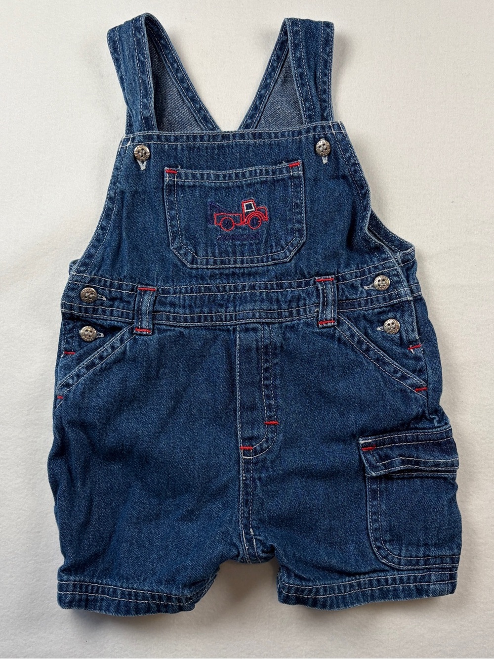 VTG Baby Oshkosh‎ B’Gosh Denim L 6-9M Shortalls Embroidered Little Red Tow Truck